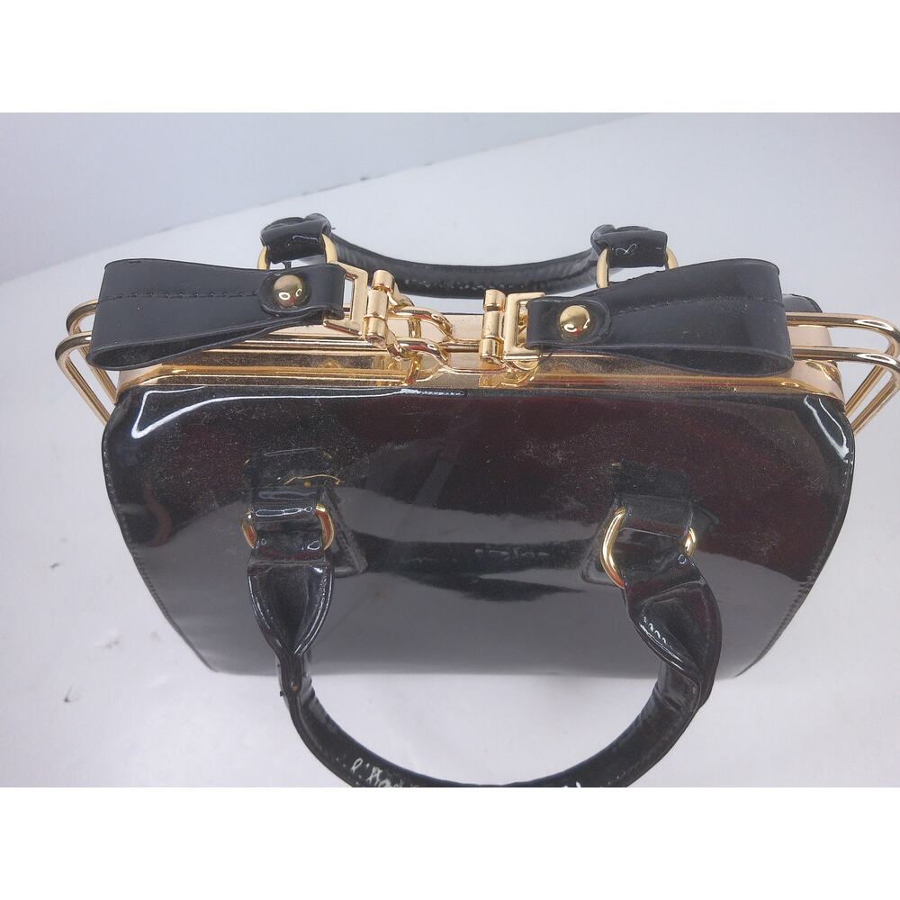 Vintage Y2K Black Patent Faux Leather Frame Satchel Handbag - Picture 9 of 11